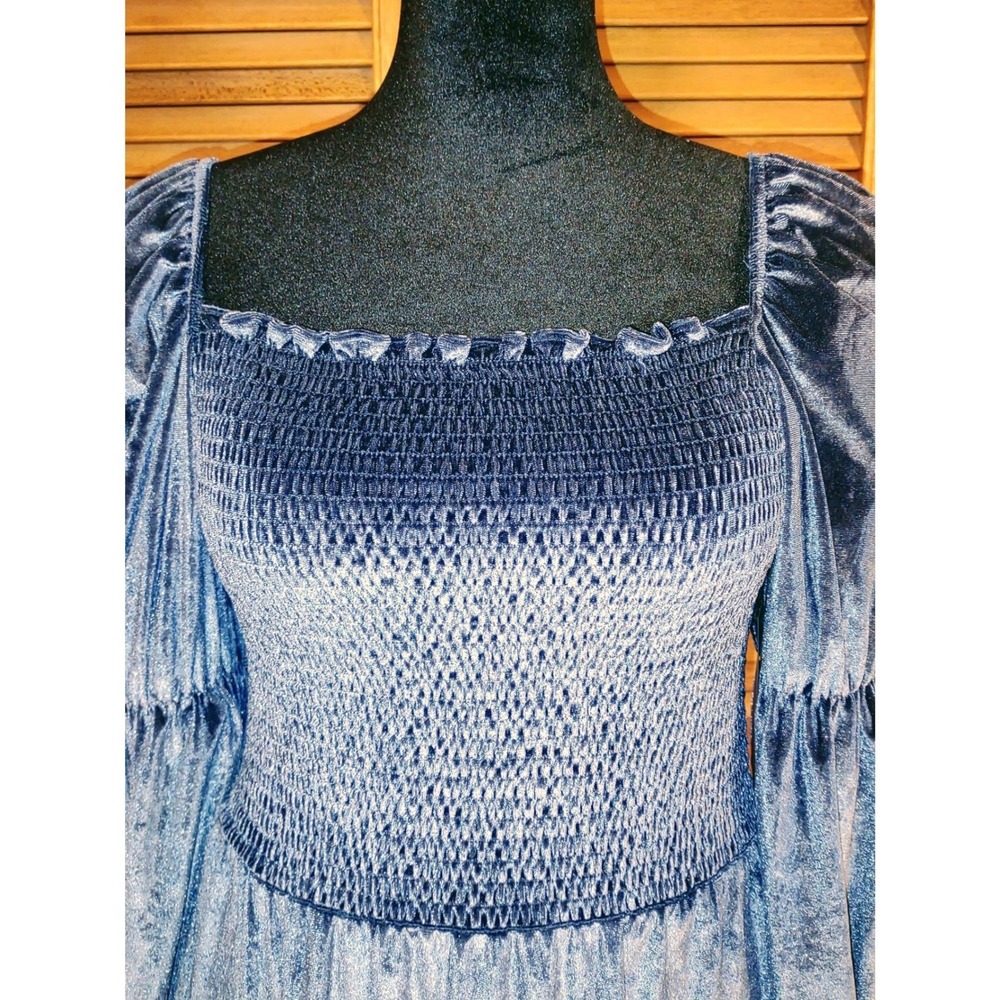 Velvet Milkmaid Smocked Square Neck Peasant Puff Sleeve Mini‎ Dress - Blue XL - Picture 6 of 11